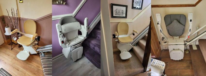 4 Chair lifts park at the bottom of 4 stair cases.